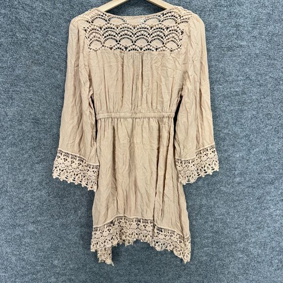 Blu Pepper Dress Women L Large Beige Geometric Crochet Sheath Midi Elastic Waist - Picture 2 of 7